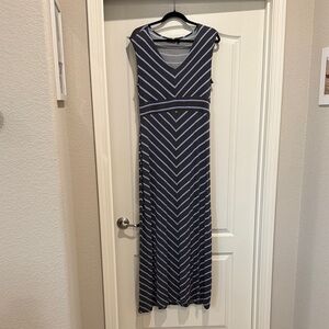 Like new! Sleeveless V-Neck Striped Maxi Dress in Grey and Light Blue